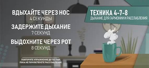 Схема дыхания 4-7-8 с таймером и фазами