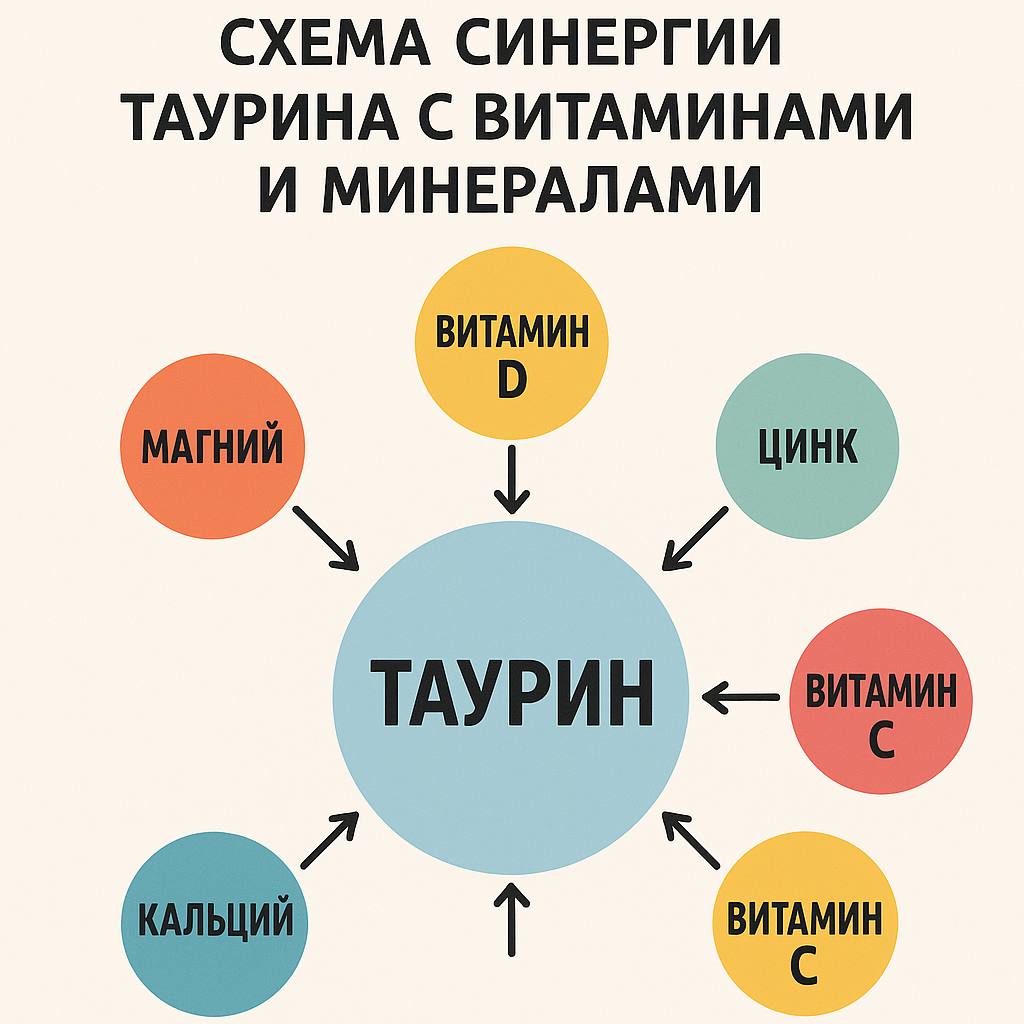 Схема синергии таурина с витаминами и минералами